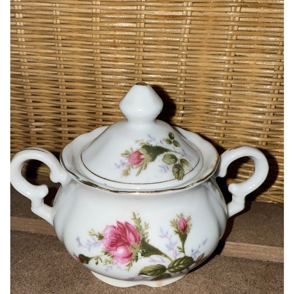 Vintage Wales Japan Sugar Bowl W/ Lid Moss Rose Gold Guilding Red Rose Design